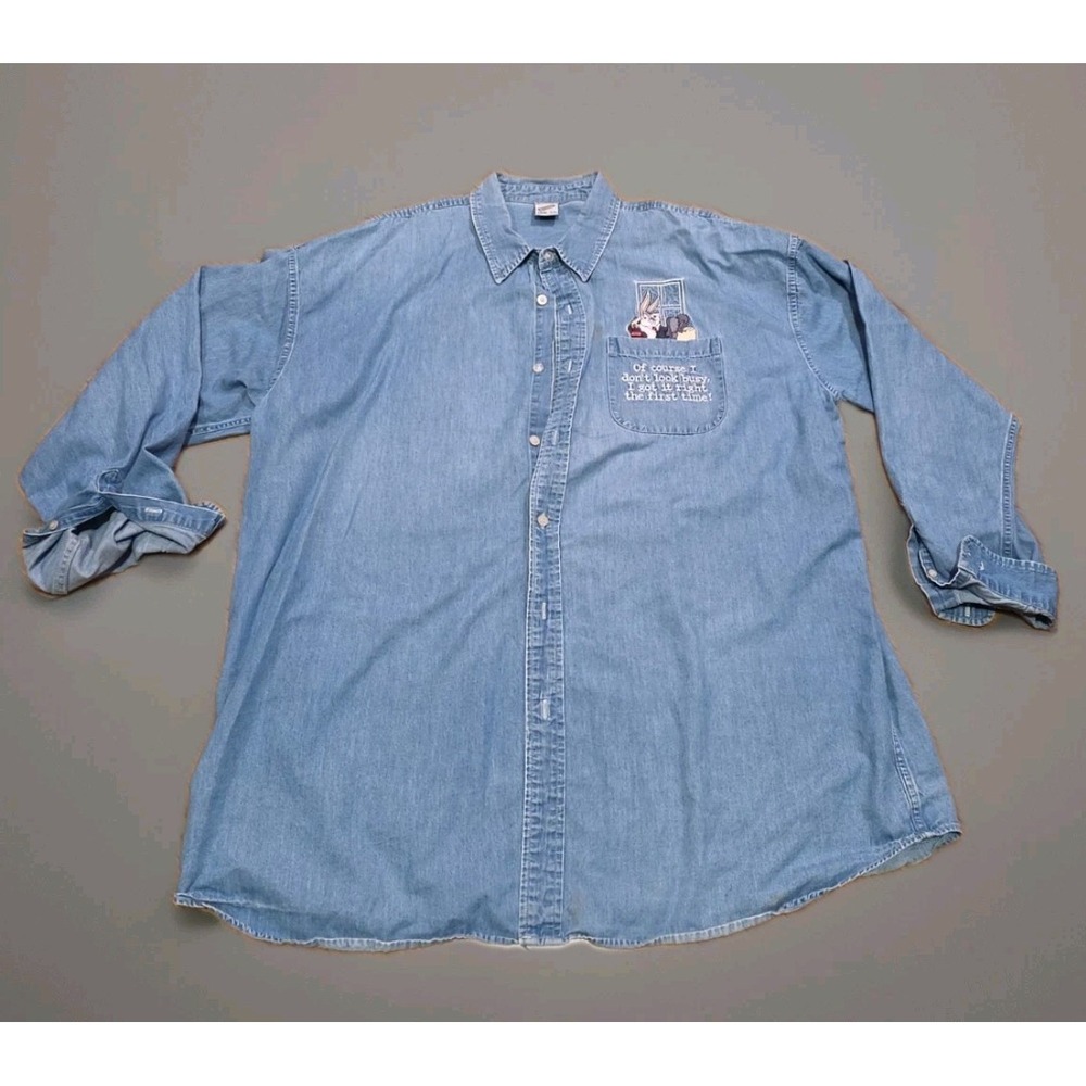 Vintage Bugs Bunny Sports XXL Denim Button Shirt Embroidered Looney Tunes Pocket - Picture 1 of 8